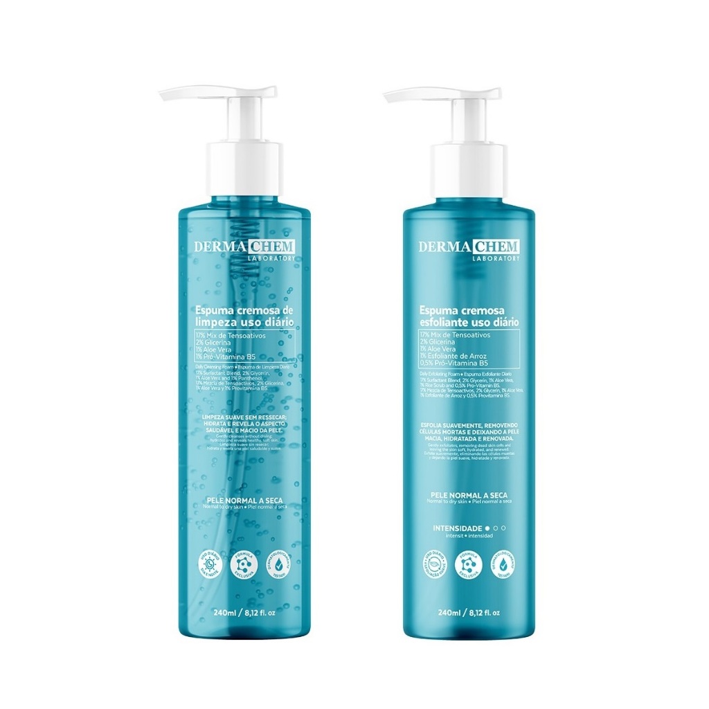 Kit 01 Espuma Esfoliante 01 Espuma de Limpeza Dermachem Cremosa Facial Hidratação Limpeza Suave