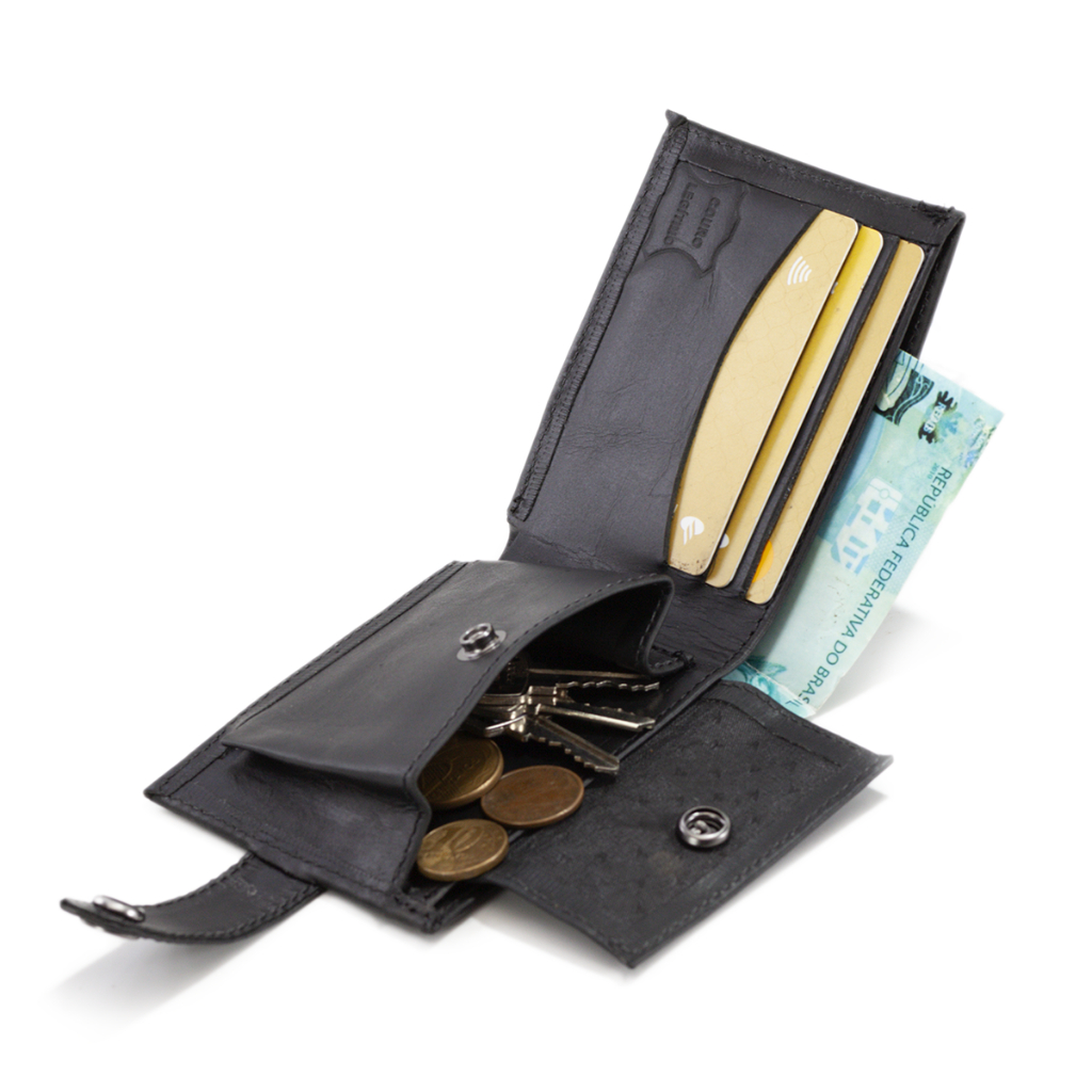 Carteira Masculina Slim Fecho em Botao Couro Compacta Com Porta Moedas E Espaço Para Cnh