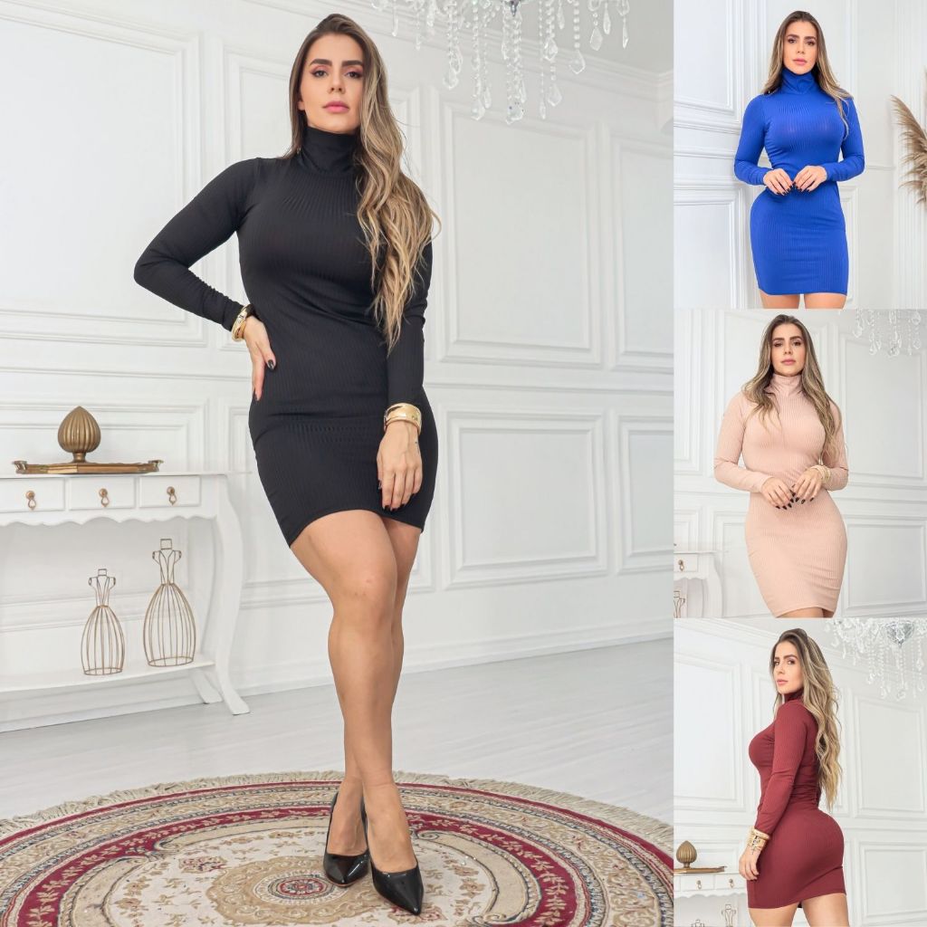 Vestido Midi Canelado Social Gola Alta Manga Longa Sofisticado Festas Presente de Natal Oferta