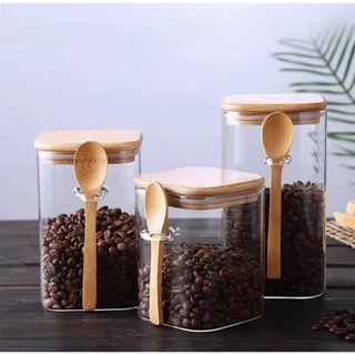 3 Potes Vidro Borossilicato [Quadrado]450ml 550ml 650 ml Com Tampa e Colher de Bambu em Oferta na Shopee