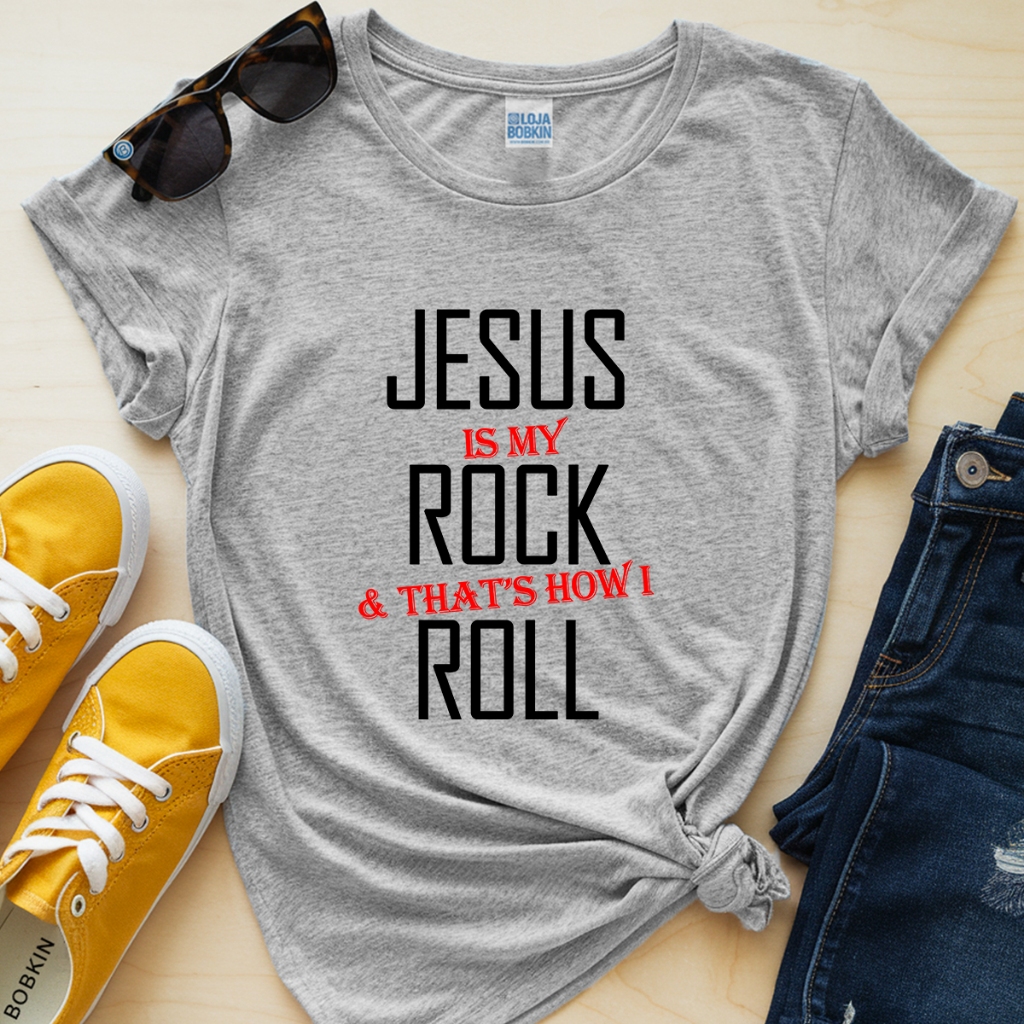 Camiseta Feminina Jesus Is My Rock Roll Minha Rocha Cristo