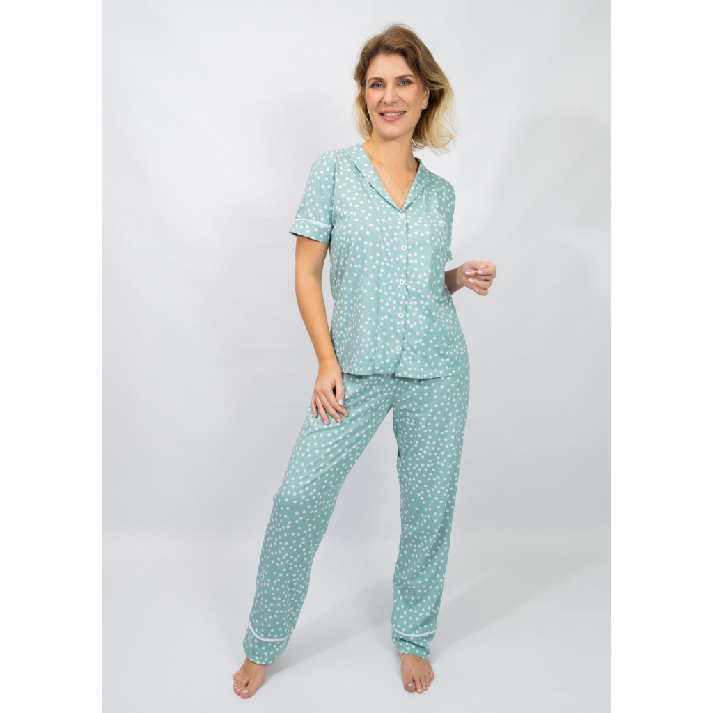 Pijama Feminino Americano Manga curta com Calça Algodão Amamentação Maternidade-Verde Poá em Oferta na Shopee