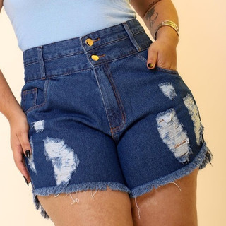 Short Jeans Plus Size Dois Botões Cintura Alta Desfiado