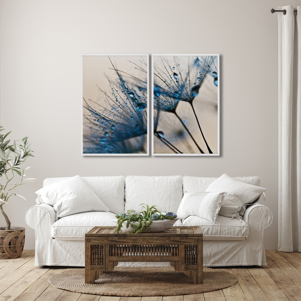 2 Quadros Decorativos Paisagem Dente de Leão Gotas de Orvalho Azul Moldura Quarto Sala Escritorio - Home & Living