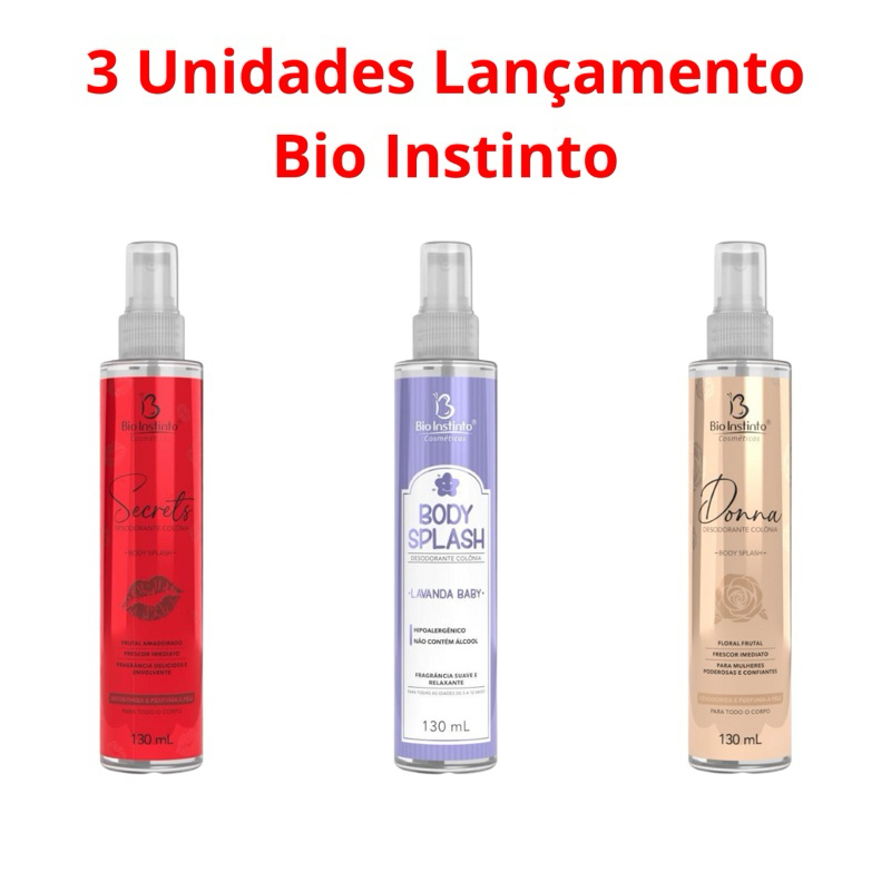 03 Body Splash Bio Instinto 130mL Colonia Desodorante Perfumada Marcante Feminina Delicada