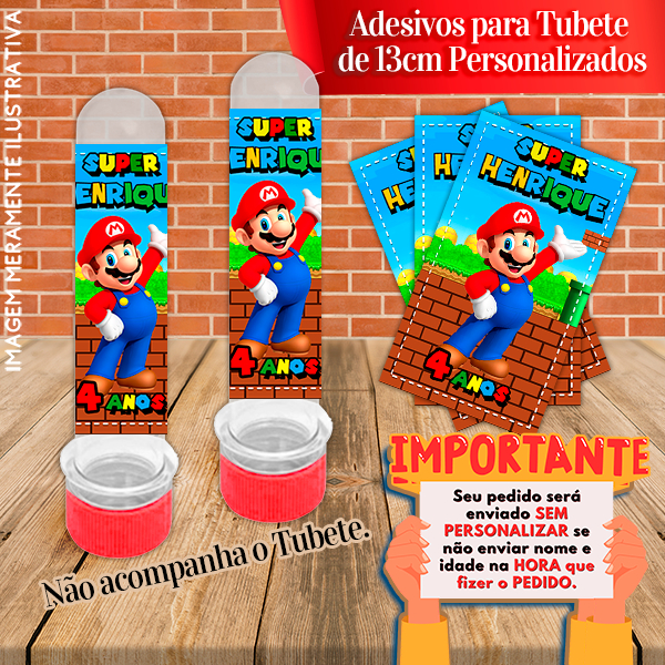 Rótulos adesivos para tubetes de 13 cm Personalizados Mario Bros
