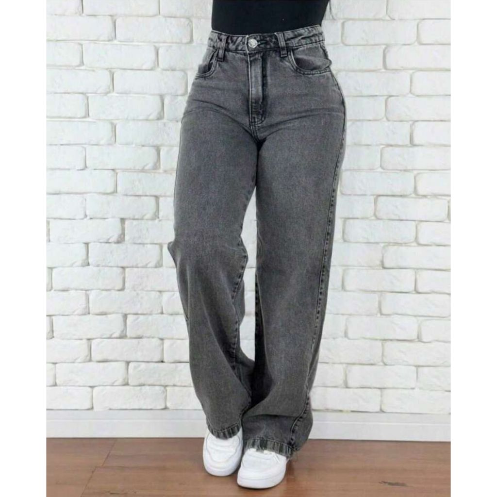 calça wid leg jeans feminina Cintura Alta Cós Alto Não possui Lycra Grossa Rasgada Cinza Grafit Marmorizada em Oferta na Shopee