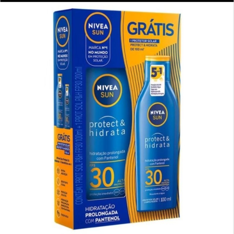 Protetor solar  Nívea Sun protect & hidrata FPS 30 de 200ml e ganhe um protetor Nívea Sun FPS30 de 100ml.