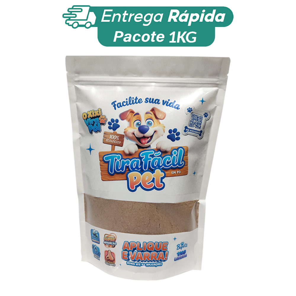 Pó Higiênico  P/Cães e Gatos Tira Fácil 1Kg Seca e Absorve Cocô, Xixi, Vômito Perfumado e Repelente