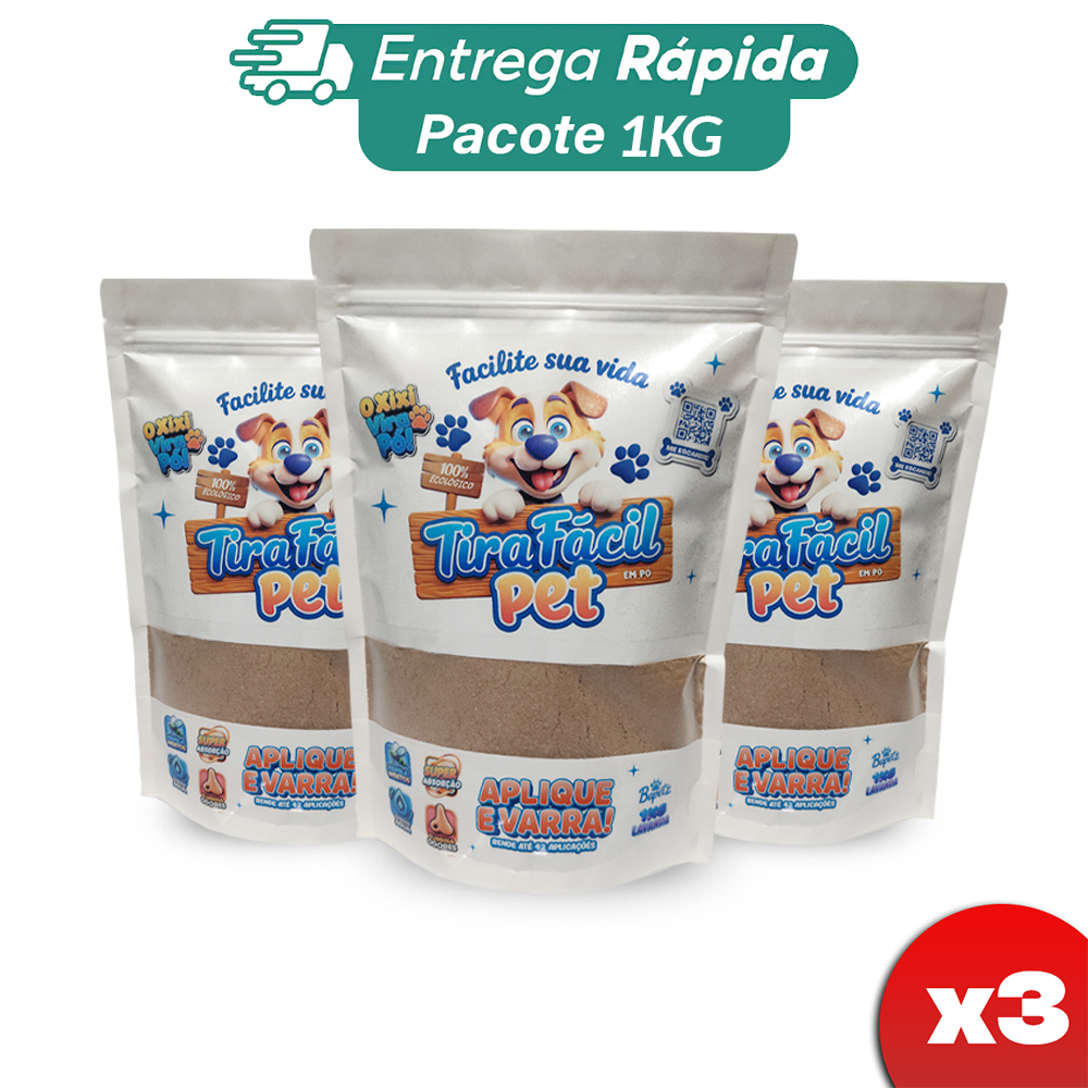 3x Pó Higiênico P/Cães e Gatos Tira Fácil 1Kg - Seca Absorve Cocô, Xixi, Vômito em seg - Perfumado