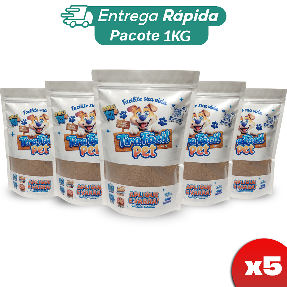 Kit 5un. Pó Higiênico 1KG Tira Fácil Pet - Cães e Gatos - Absorve Cocô, Xixi, Vômito em Seg - Aroma