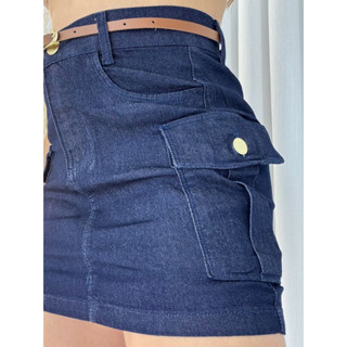 Saia Cargo Com Lycra Feminina Cintura Alta Levanta Bumbum Tendência Bolsos Laterais Moda F...