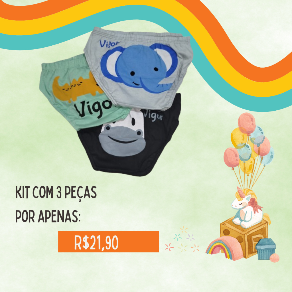 Cueca Infantil Slip Estampada Animais Menino Bebê Confortável,Macia, Estilosa, Moda Kids,Roupa Infantil, Conjunto Safari