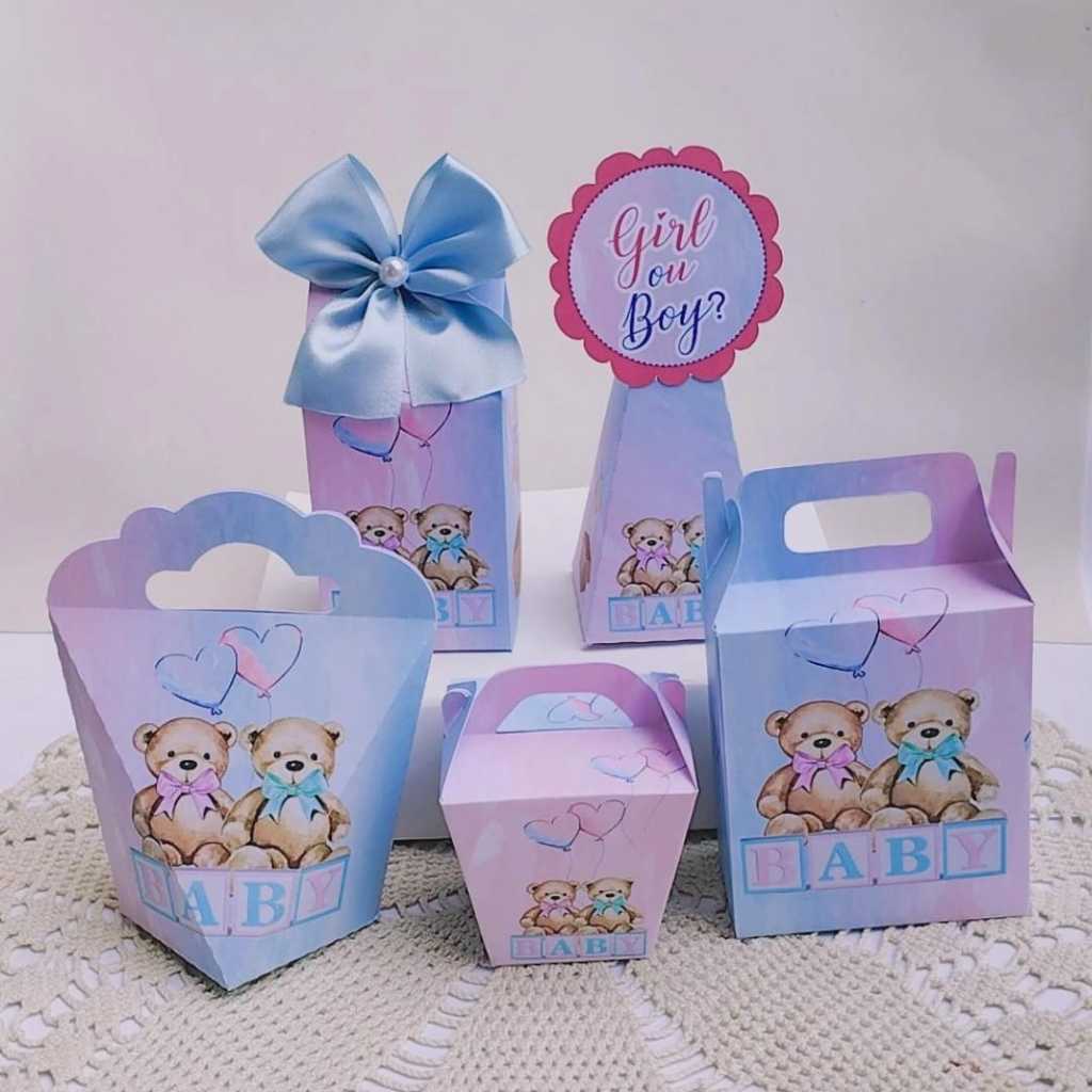Kit Festa Tema ursinho CHÁ REVELAÇÃO Caixinhas Personalizada Lembrancinhas para Festas PEGUE E MONTE