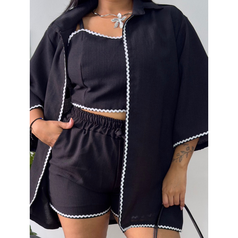 Conjunto Kimono  3 peças  Croped Shorts  Kimono Feminina Verão Moda Praia  Passeio Casamento Eventos Luxo