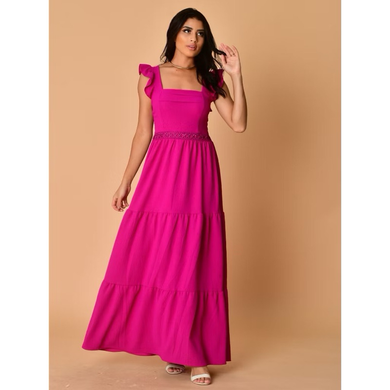 Vestido longo luxo duna lisa com babada na manga e renda na cintura