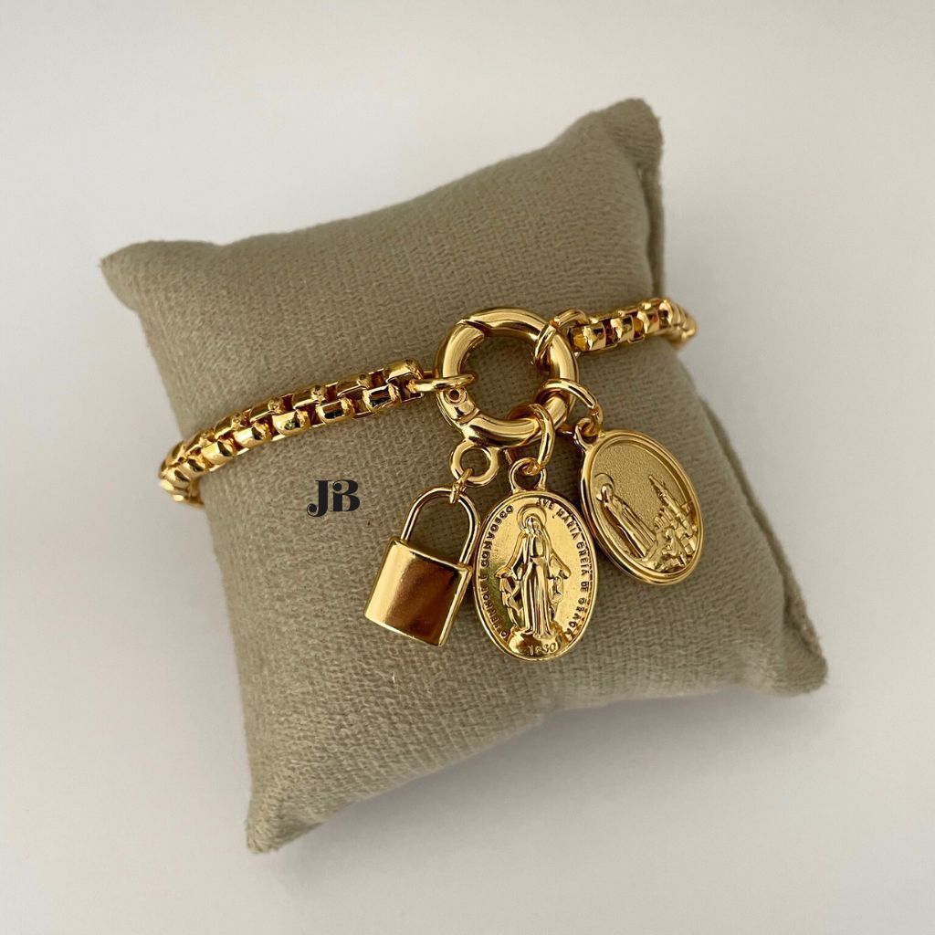 Pulseira Nossa Senhora das Graças e Nossa Senhora de Fátima Dourado