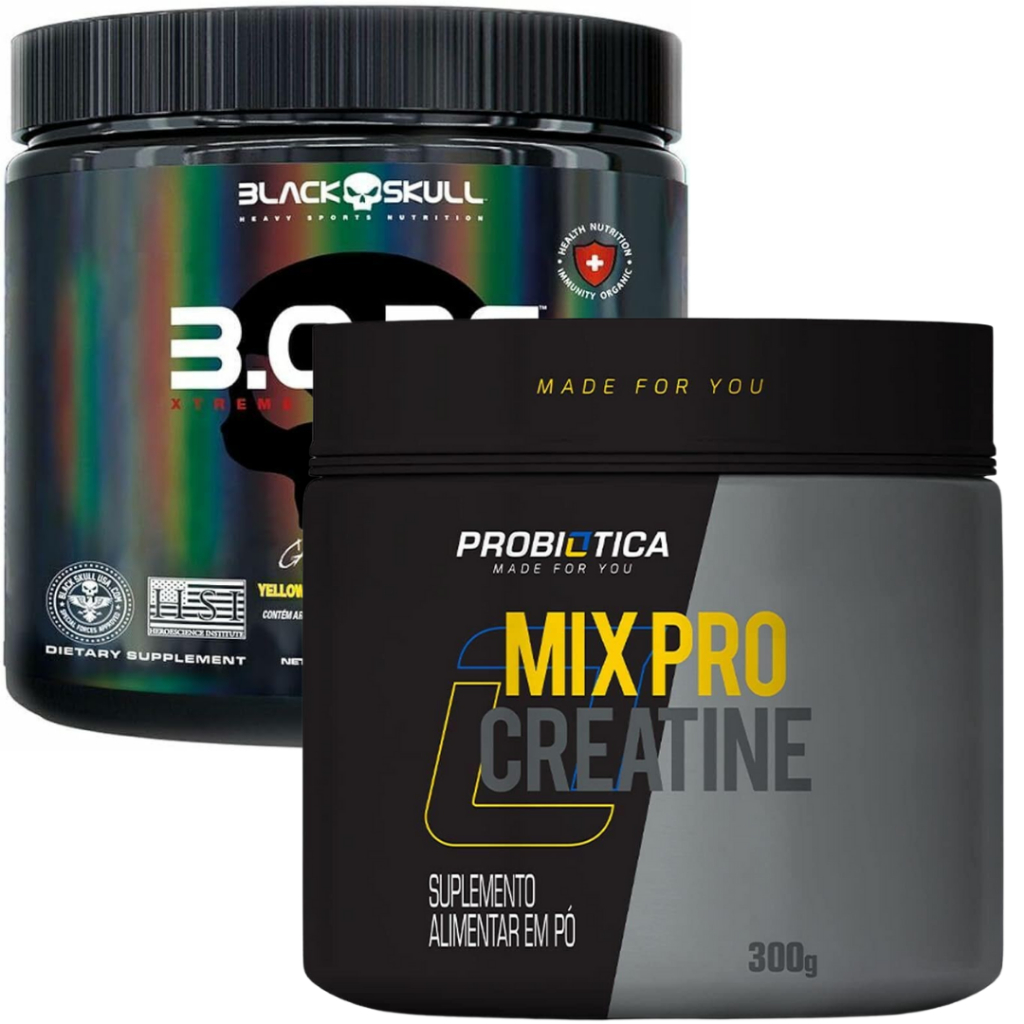 Kit 1x Creatina Pro Mix 300g Probiotica + 1x Pre treino Bope 150g BlackSkull - Health