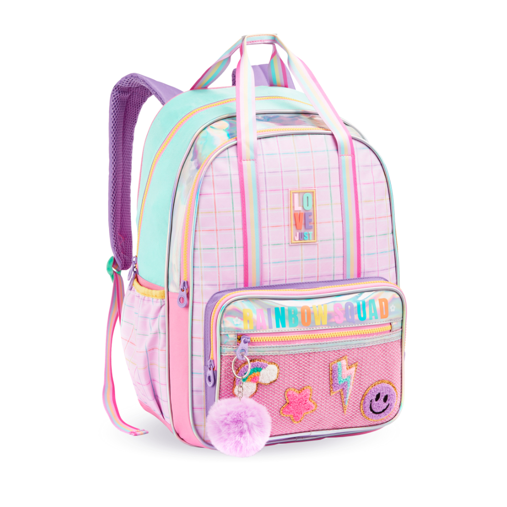 Mochila Escolar Feminina Infantil Rainbow Holográfica Com Pompom e Patches Divertido Grande Reforçada