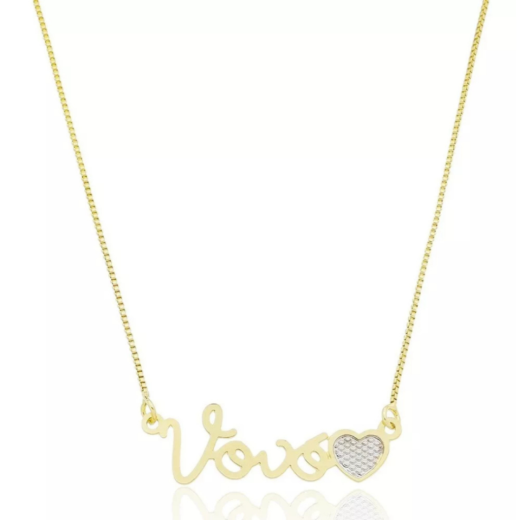 Colar Corrente Chocker Gargantilha Semi Joias Folheado a Ouro 18k Escrito Vovó com coração