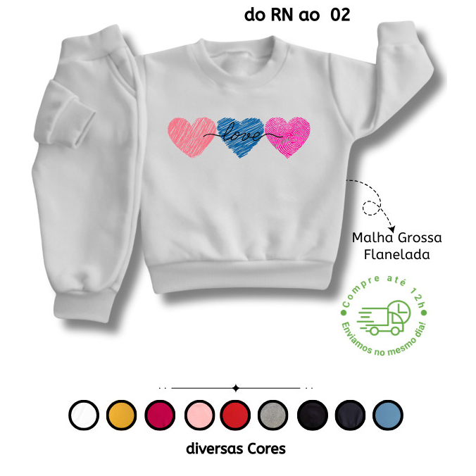 Moletom Infantil de Frio para Menina Grosso - Roupa de Inverno para Bebê RN P M G GG 02 Coração