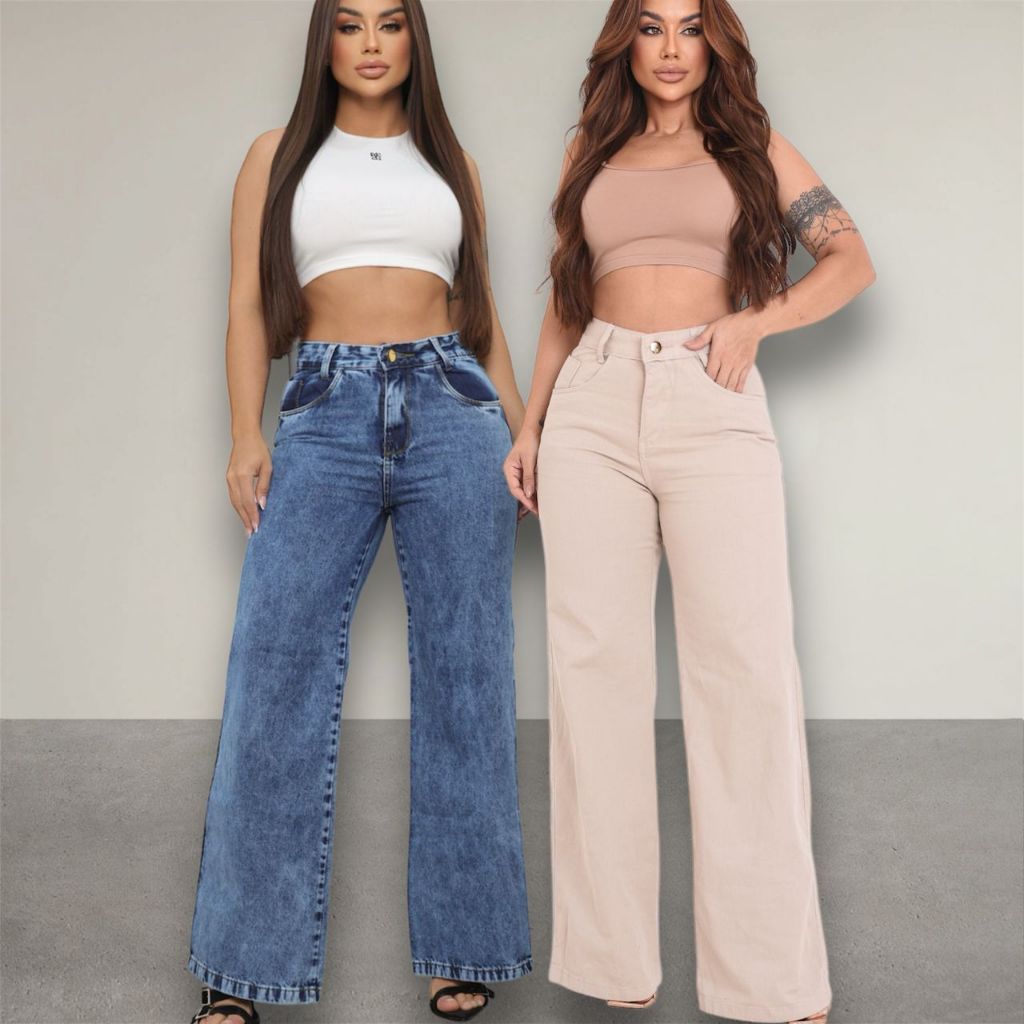 Kit 2 Calças Jeans Wide Leg Premium Levanta Bumbum 100% Algodao