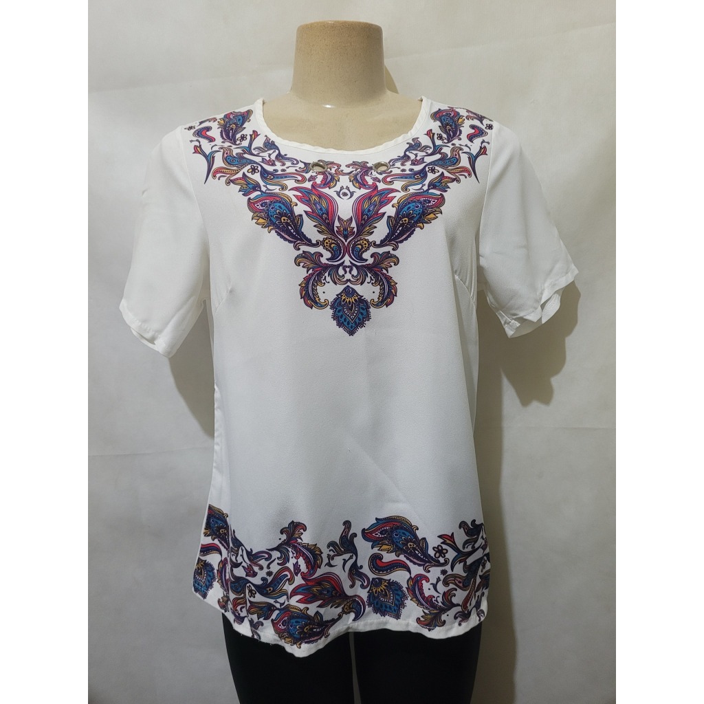 Blusa branca colorida estampada RHEMA tam M usado bom estado