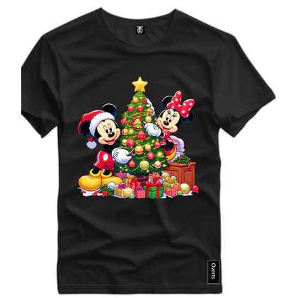 Camisa Unissex Estampada Minnie e Mickey Mouse de Natal 2024 Camiseta Algodão Premium Top