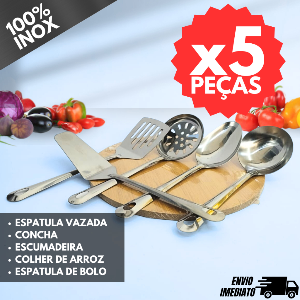Kit Cozinha Espatula Colher Arroz Espatula BOLO Escumadeira Concha 5 Peças Utilidades INOX Cozinha