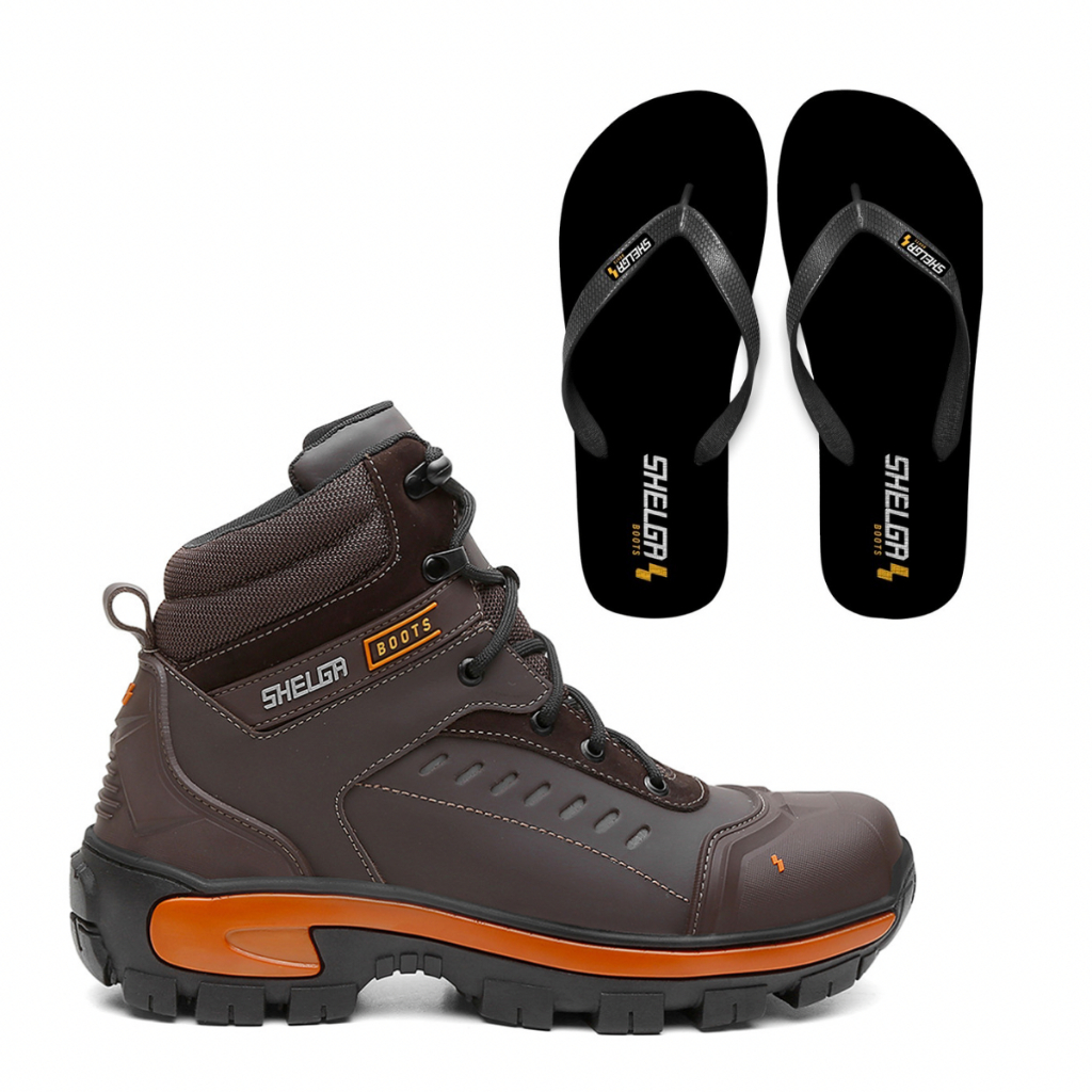 BOTA CANO MÉDIO COURO PREMIUM CONFORTO PALMILHA EM GEL + CHINELO BASIC PRETO SHELGA