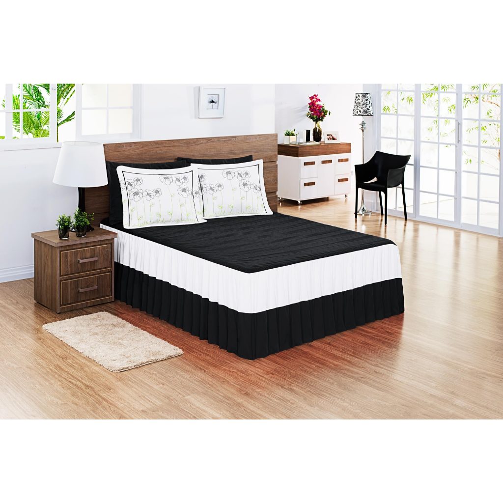 Kit Colcha Cama Casal Padrão Com Babado Bordado Quart Rose marrom Preto Lilás Bege Vermelho Promoção