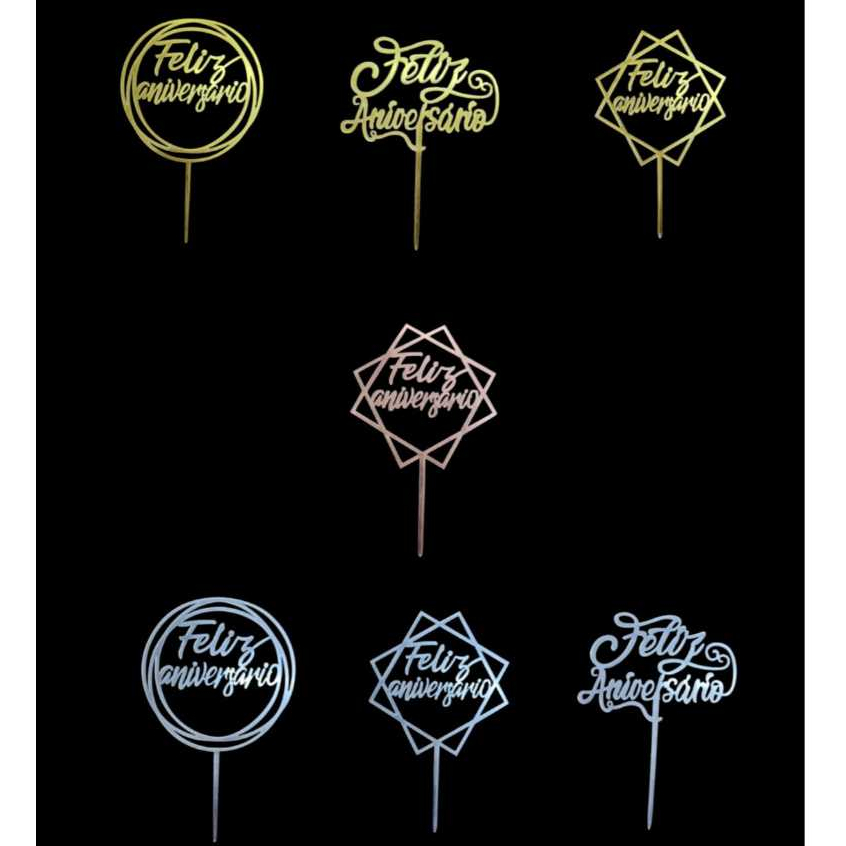 3 Placas Topo de Bolo Feliz Aniversário Metalizado em Oferta na Shopee