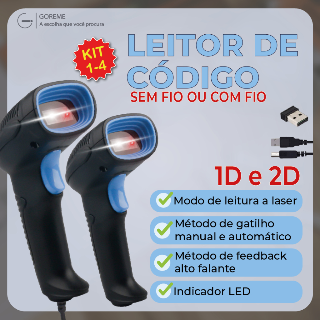 Leitor De Código De Barras Scanner Portátil Laser Com Fio ou Sem Fio USB1D/2D Leitor de Qr Code e Código de Barras em Oferta na Shopee