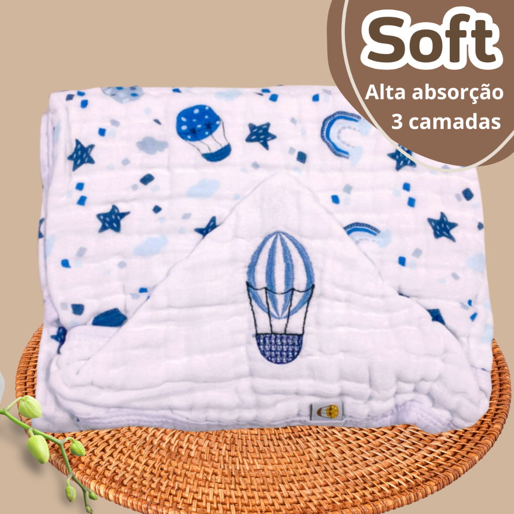 Toalha De Banho Bebê Capuz Bordado Soft Três Camadas De Fralda 100% Algodão Infantil Menino