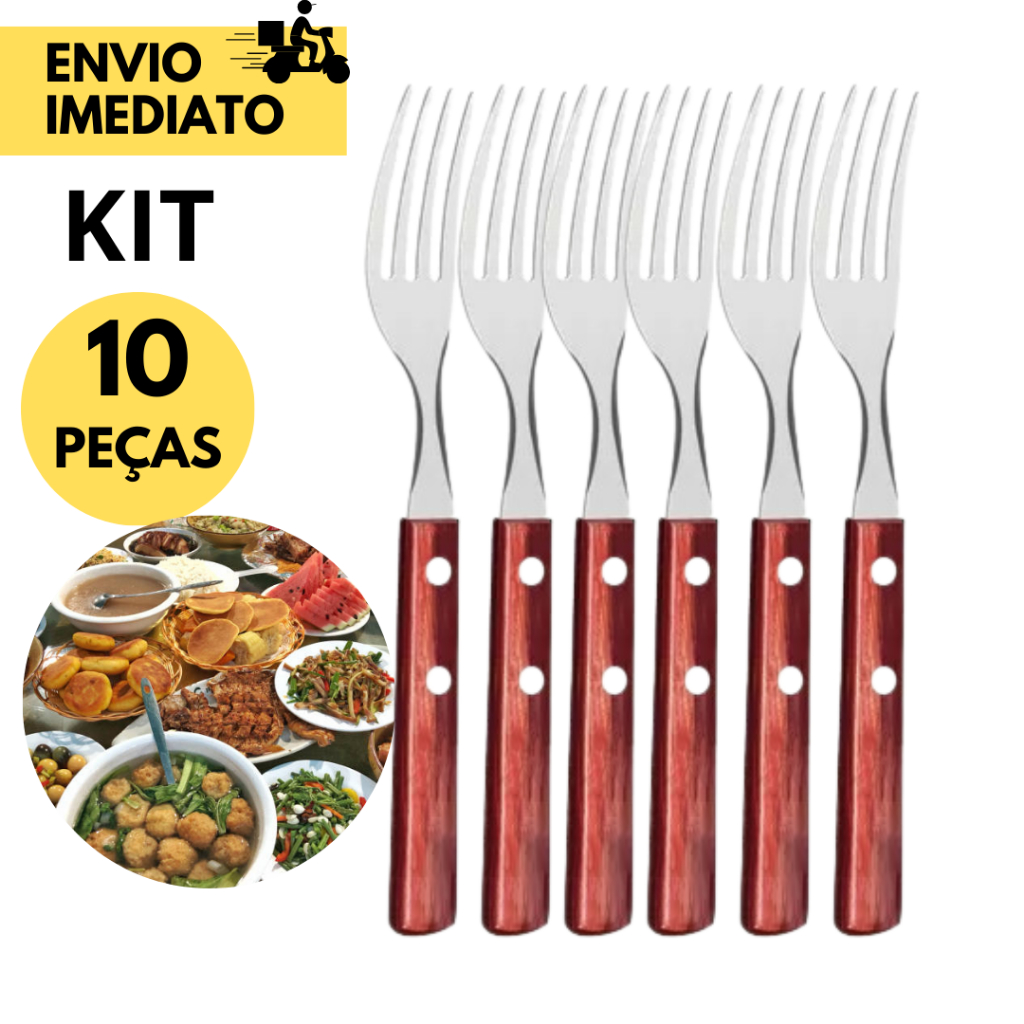 Kit 10 Garfo de Cozinha Inox c/ Cabo de Madeira p/ uso em Cozinha Restaurante Hotel Resorts Padaria em Oferta na Shopee