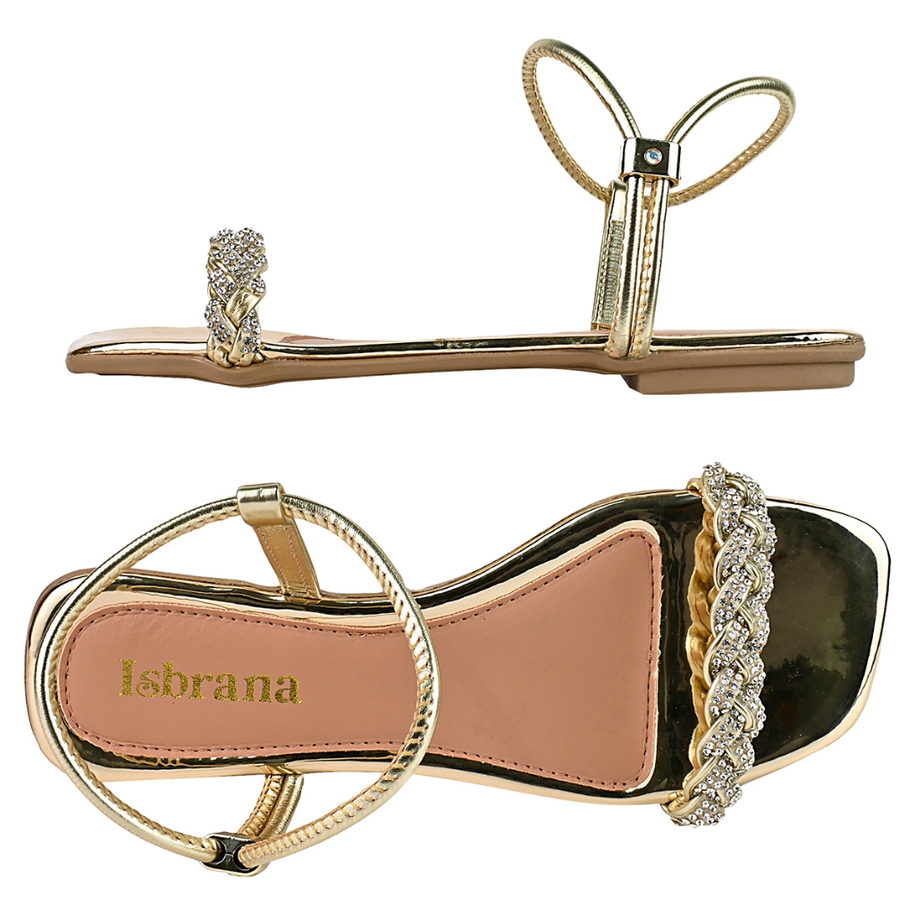 Sandália Feminina Rasteirinha Confortável Tira Strass Trançada Ajustável Leve Comfort Rasteira Antiderrapante Isbrana