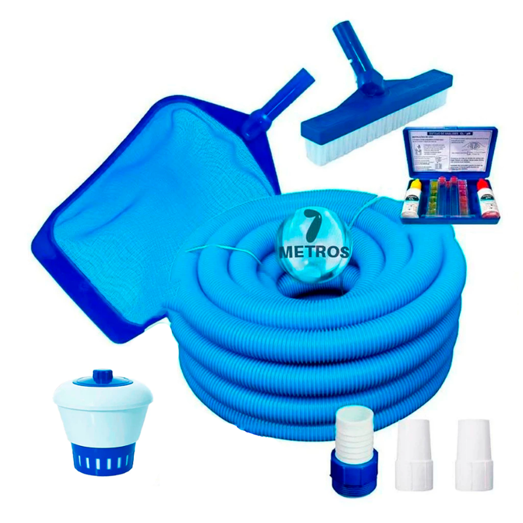 Kit Limpeza de Piscina 7m De Mangueira Teste Cl Ph + Clorador