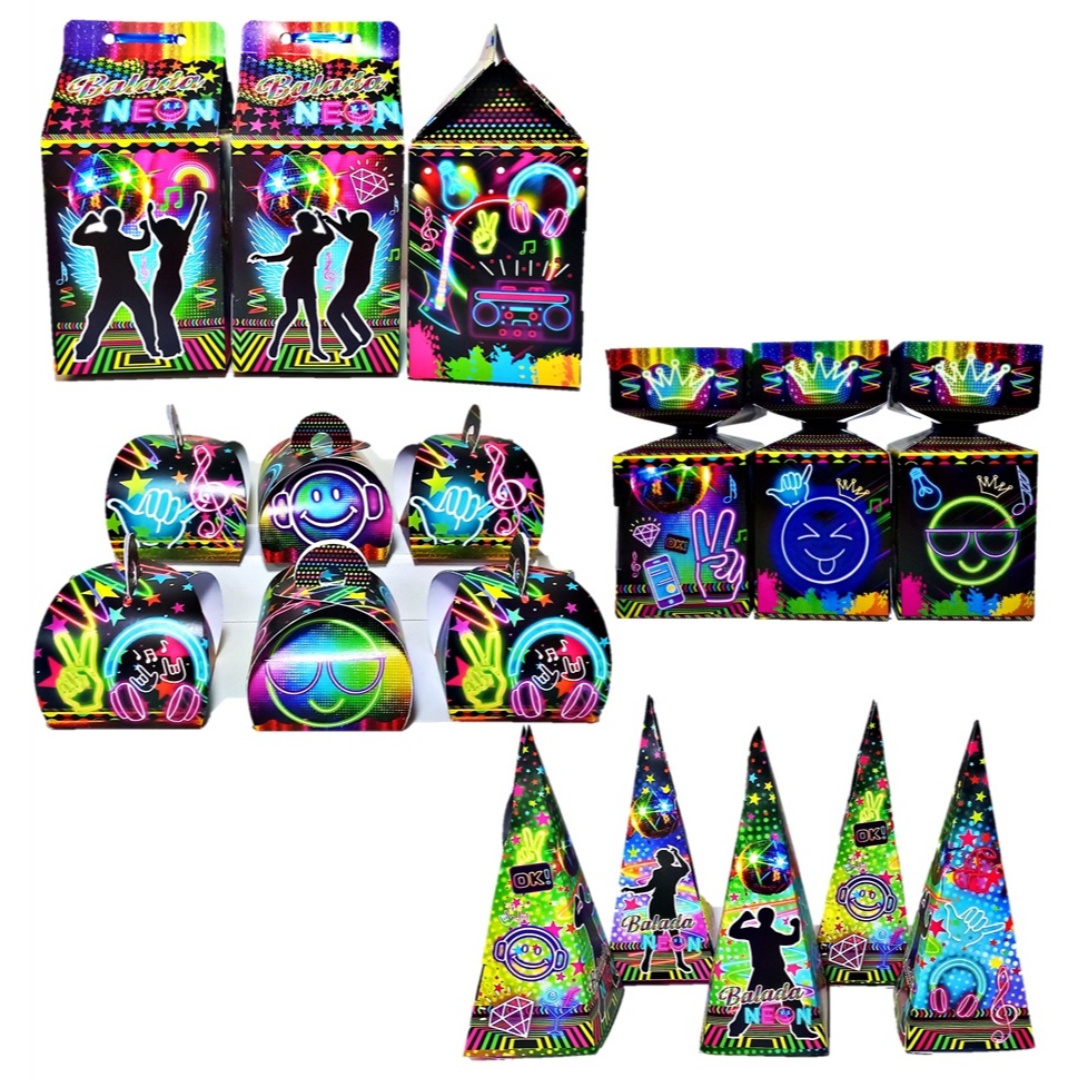 Balada Neon Kit Lembrancinhas Balada Neon Papelaria 40 Caixinhas Festa Fácil Decoração Neon.