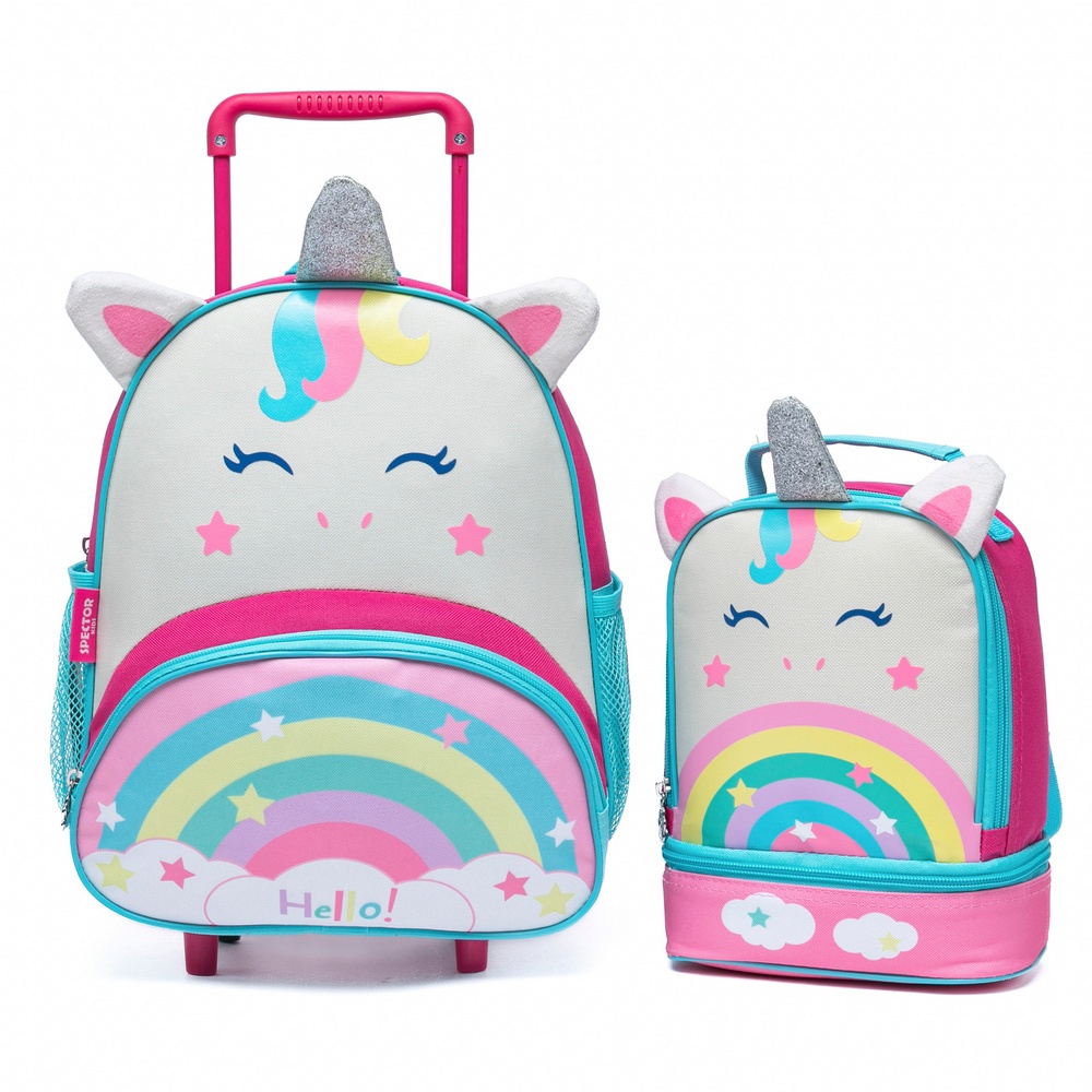 Kit Pré Escola Mochila Spector Carrinho Lancheira Unicórnio Menina Resistente