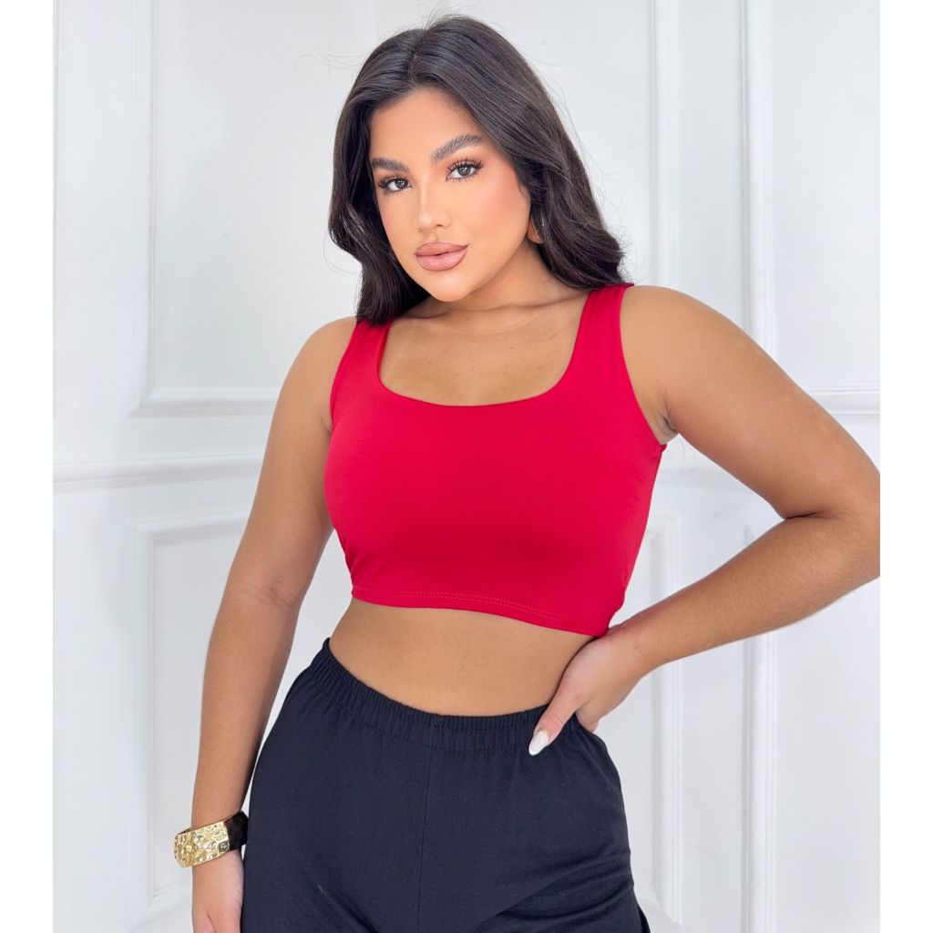 Blusa Regata Cropped Com Decote Redondo Canoa Busto Forrado