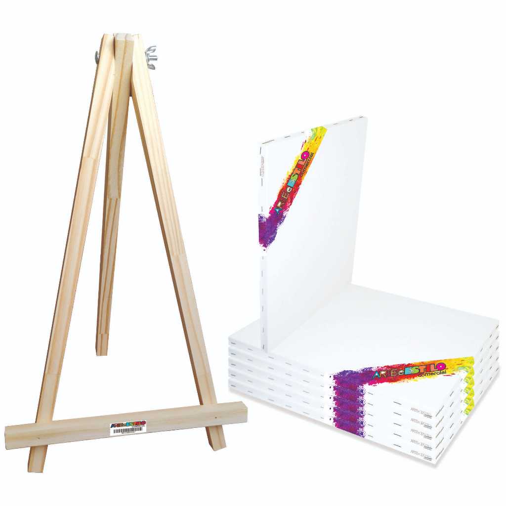 Kit Pintura Cavalete tripé Médio + 6 Telas Para Pintura 20x30 cm