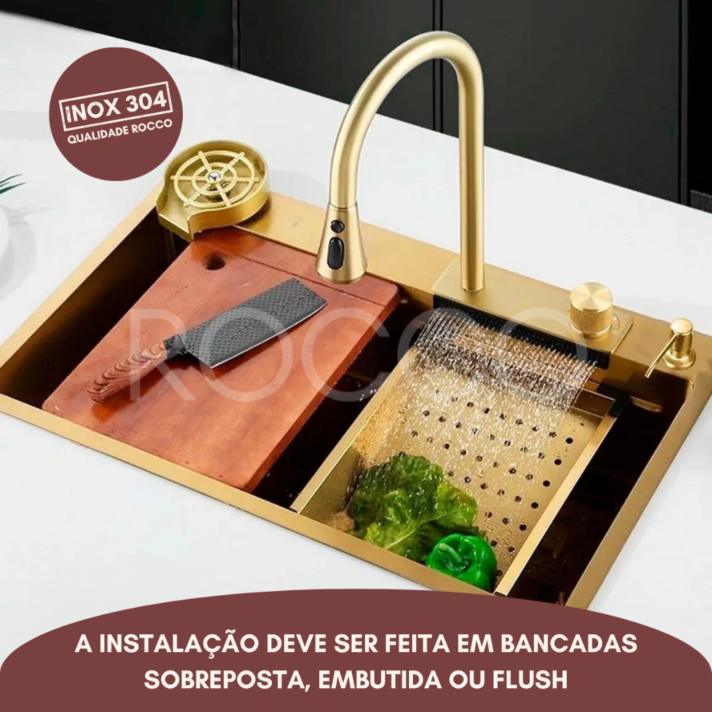 Cuba para cozinha gourmet pia aço inox com acessórios e Torneira monocomando misturador quente frio - Home & Living