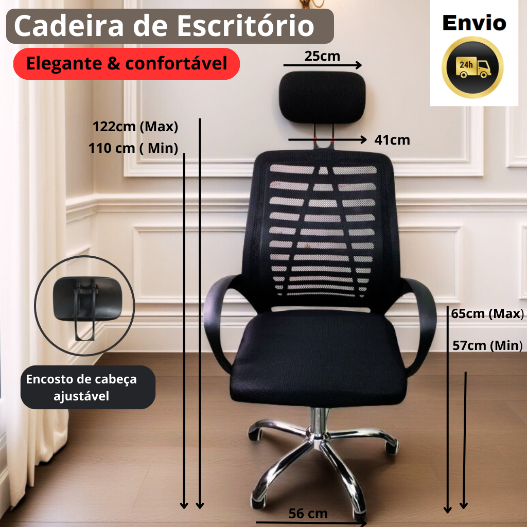 Cadeira de Escritório com Encosto de Cabeça e Inclinação.