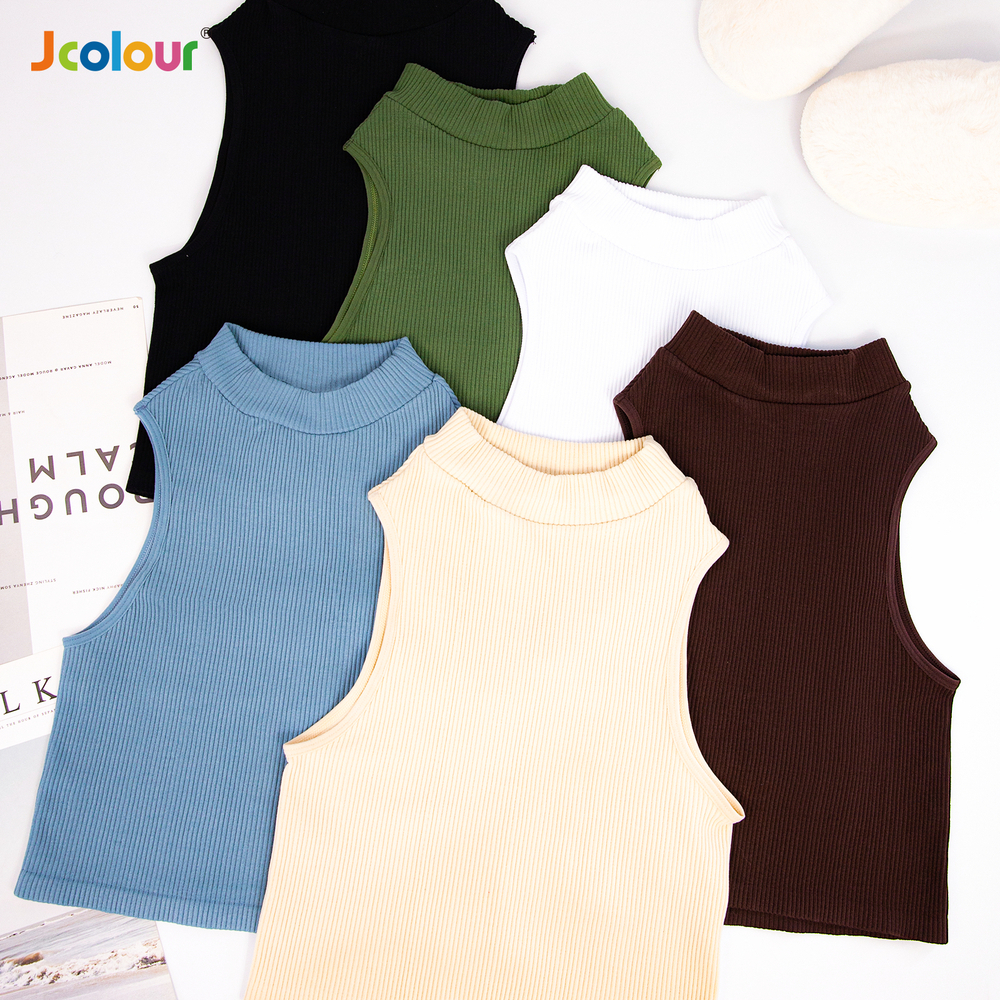 Jcolour Kit 3 Cropped Verão Canelado Regata de Gola Canelado Básicos Elegantes Versáteis Sem Costura