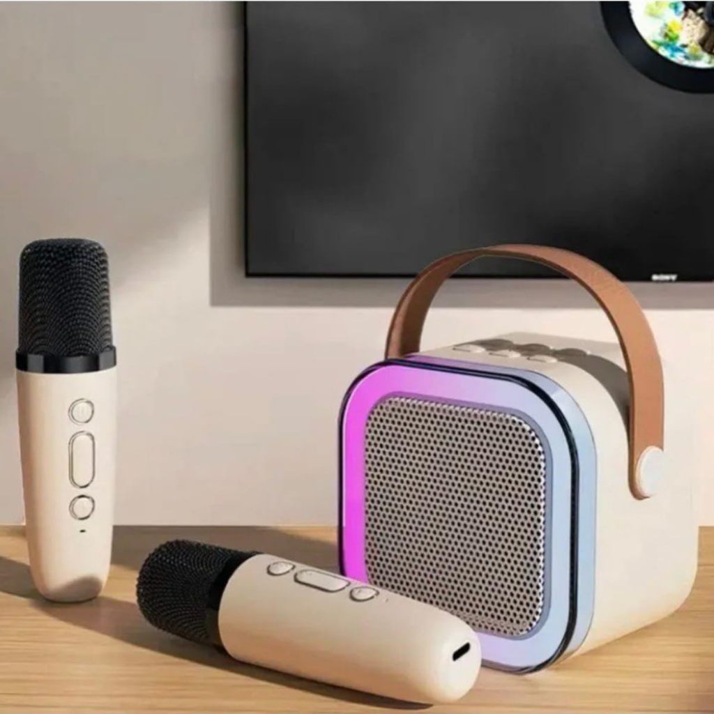 Caixinha de Som com 2 Microfones sem fio. Karaoke Portátil Infantil com Caixa de Som Bluetooth Ideal para Festas