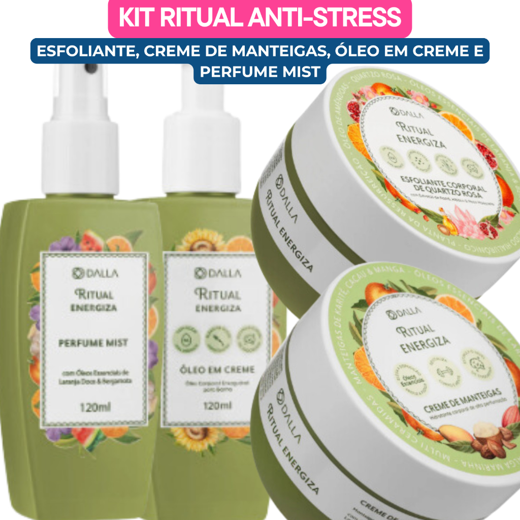 KIT RITUAIS ENERGIZA DALLA - ESFOLIANTE, CREME MANTEIGAS, ÓLEO EM CREME E PERFUME MIST - PRESENTE, BANHO PREMIUM, NATAL