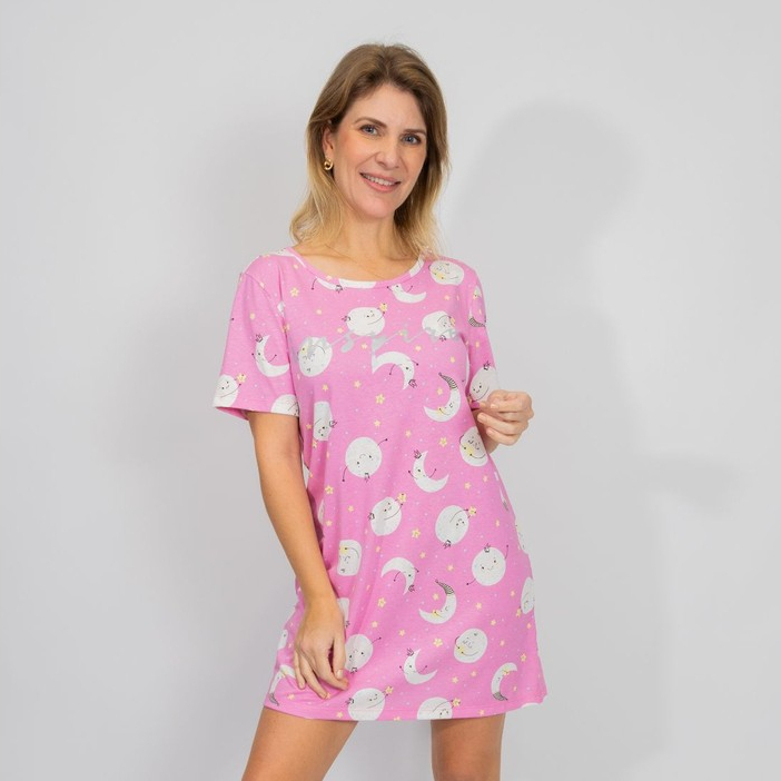 Camisola Feminino Adulto Verão Manga Manga Curta Algodão–Lua Rosa
