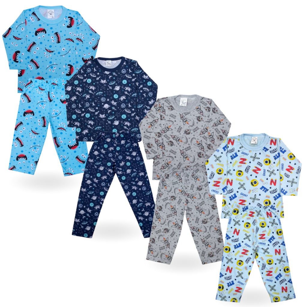 Kit 4 Conjunto Masculino Pijama Manga Longa Estampado Calça - Bebê ao Juvenil de 1-16 - Noite Fria