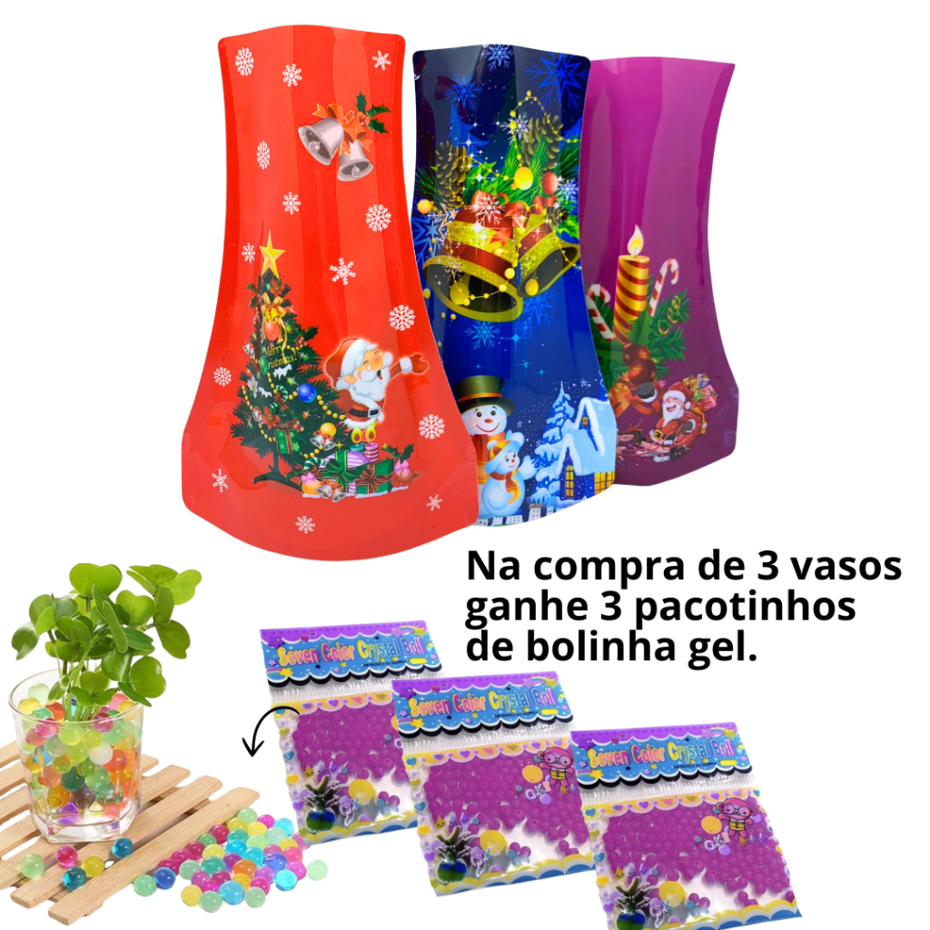 Vaso de Plástico Saco com Temas Natalinos para Flores e Plantas + 3 Saquinhos de Bolas de Gel