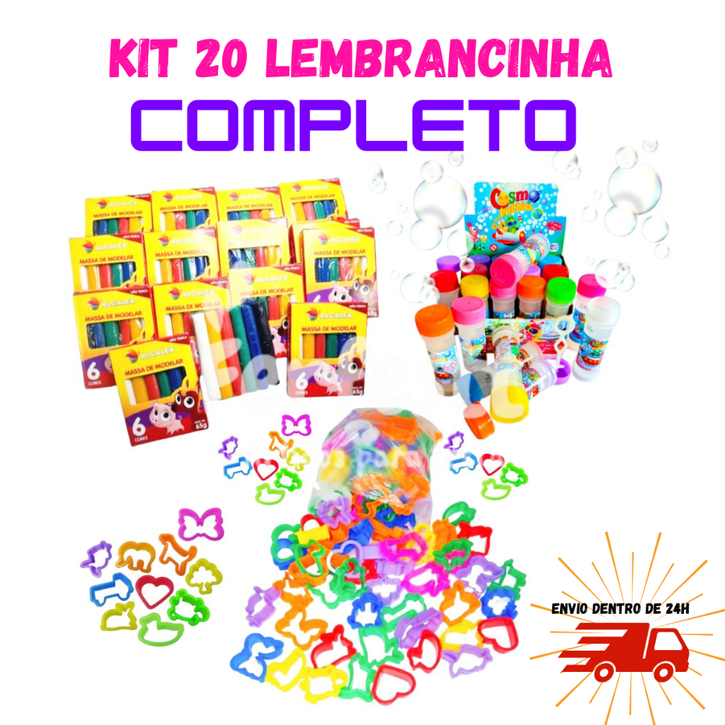 Kit 20 Cx Massinha de Modelar + 20 Bolha de Sabão + 20 Cortador Molde Festa Lembrancinha Infantil